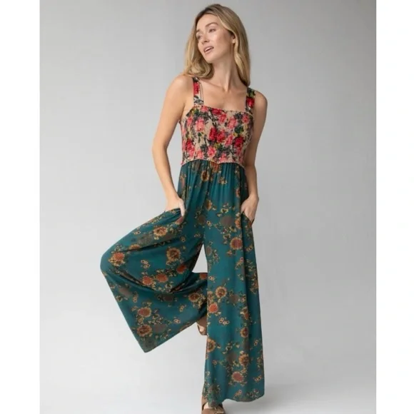 NWT - NATURAL LIFE Teal and Pink Floral Jumpsuit. Women’s size M. - Picture 1 of 8